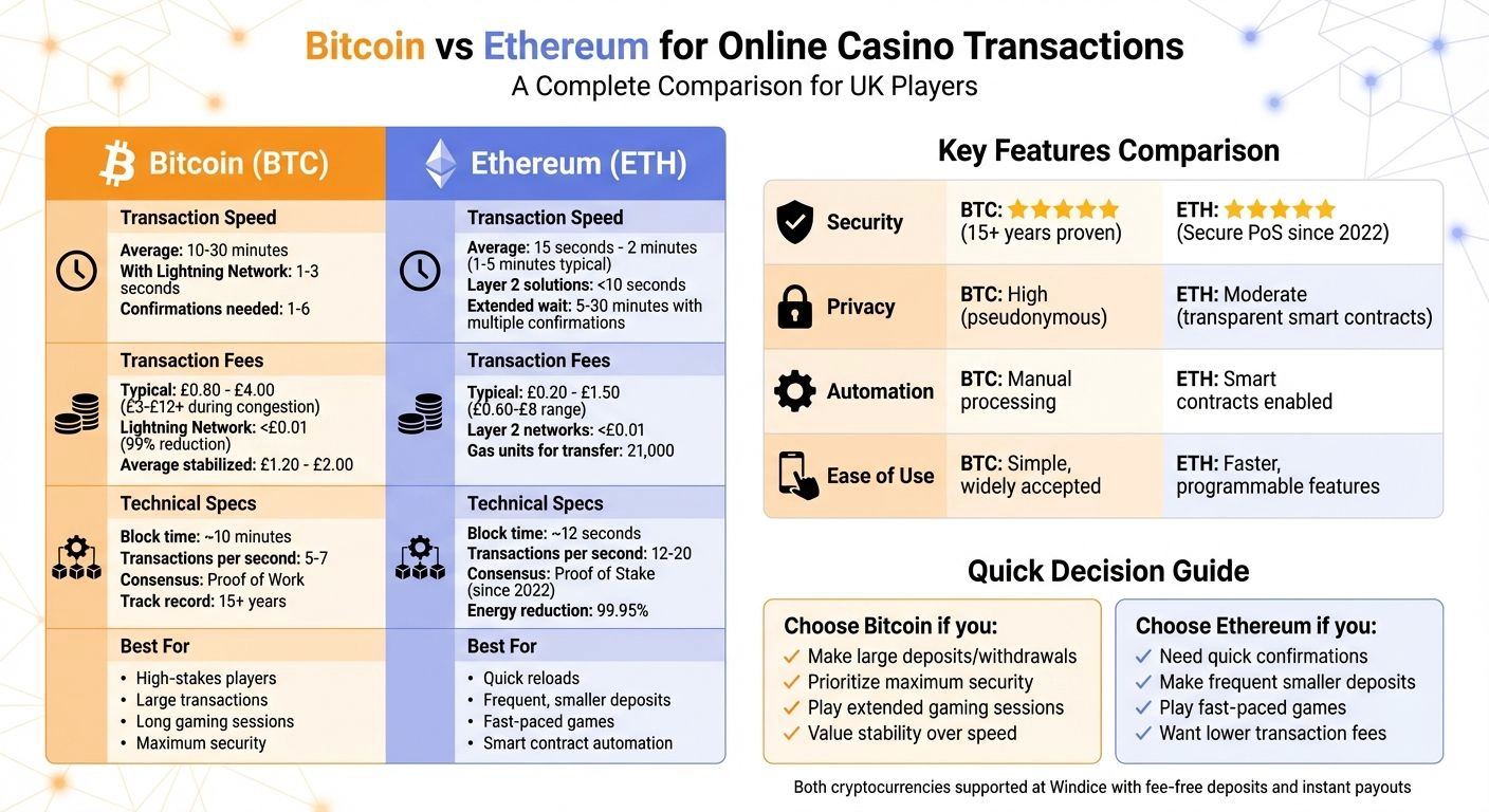 Bitcoin vs Ethereum for Online Casino Transactions: Speed, Fees and Features Comparison